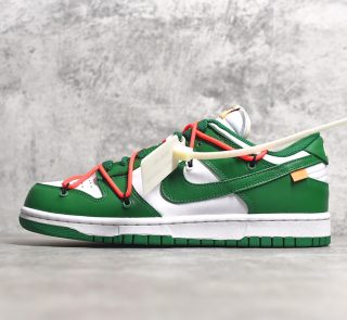 Outside view showing Helvetica text on Pine Green Off White Dunk
