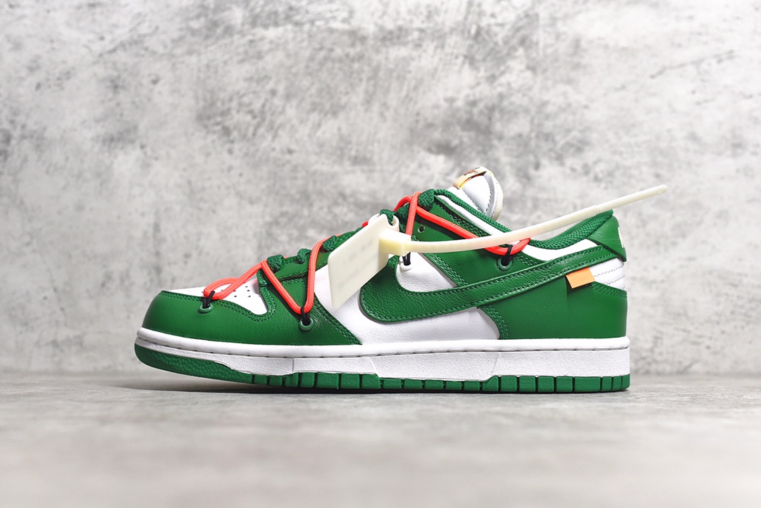 Outside view showing Helvetica text on Pine Green Off White Dunk