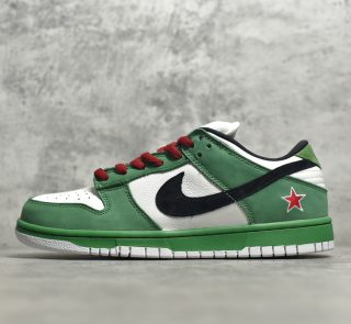 outside view of Heineken SB Dunk reps with white panels