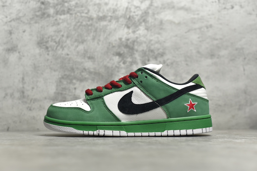 outside view of Heineken SB Dunk reps with white panels