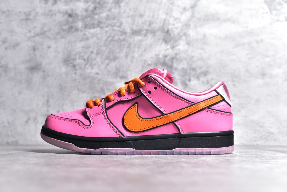 Outside view of Blossom Powerpuff SB Dunks