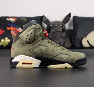 Inside view of Travis Scott Jordan 6 Medium Olive Reps with nubuck and suede material