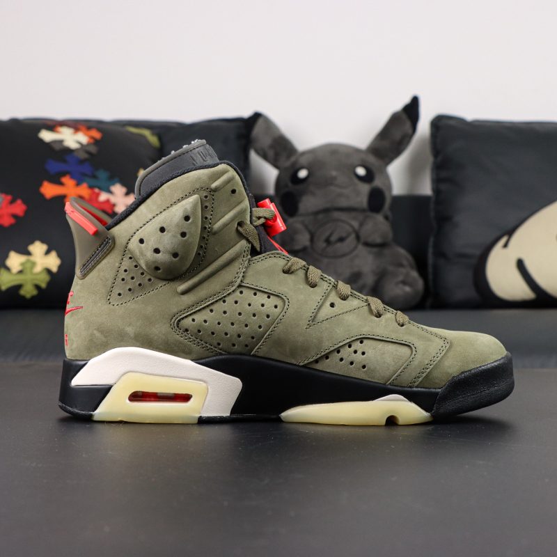 Inside view of Travis Scott Jordan 6 Medium Olive Reps with nubuck and suede material