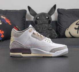 Side view of A Ma Maniere Jordan 3 reps in grey suede and aged midsole