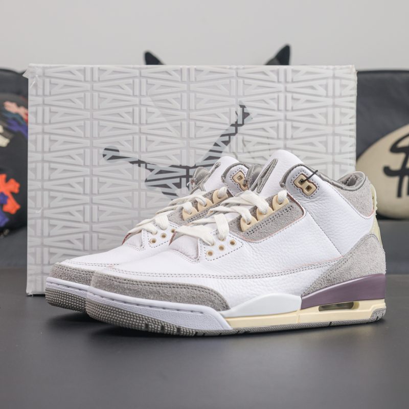 A Ma Maniere Jordan 3 reps with one shoe placed in front of shoebox