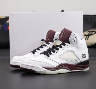 A Ma Maniere x Jordan 5 Burgundy Crush Reps with box and burgundy suede upper