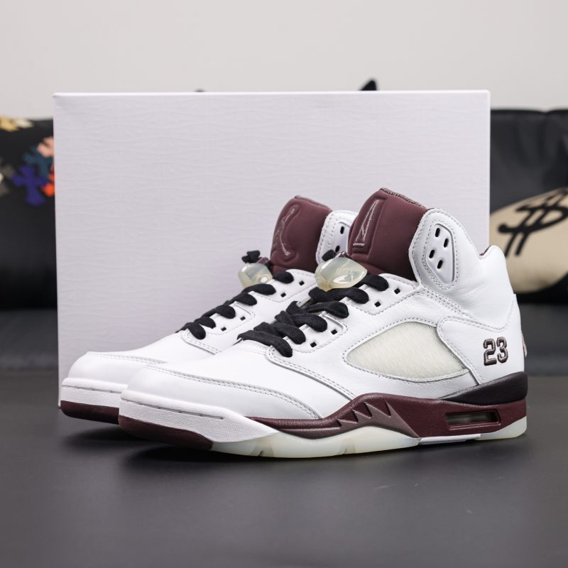 A Ma Maniere x Jordan 5 Burgundy Crush Reps with box and burgundy suede upper