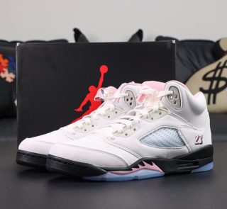 Air Jordan 5 Medium Soft Pink reps with retail-style box and suede upper