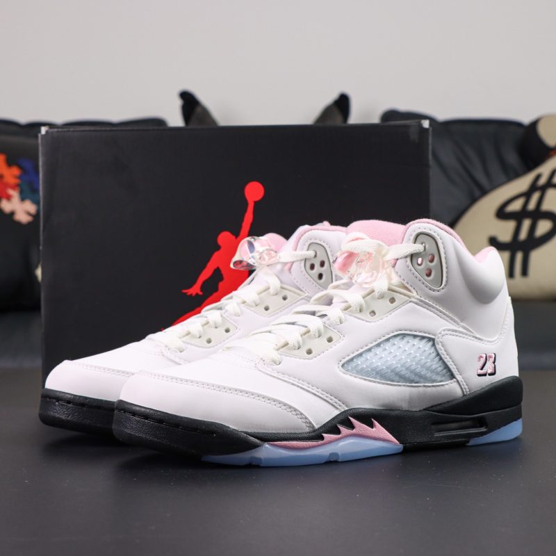 Air Jordan 5 Medium Soft Pink reps with retail-style box and suede upper