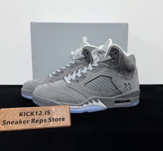 Air Jordan 5 Wolf Grey Reps with box displayed on table
