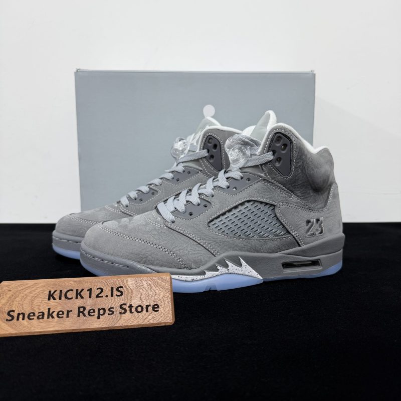 Air Jordan 5 Wolf Grey Reps with box displayed on table