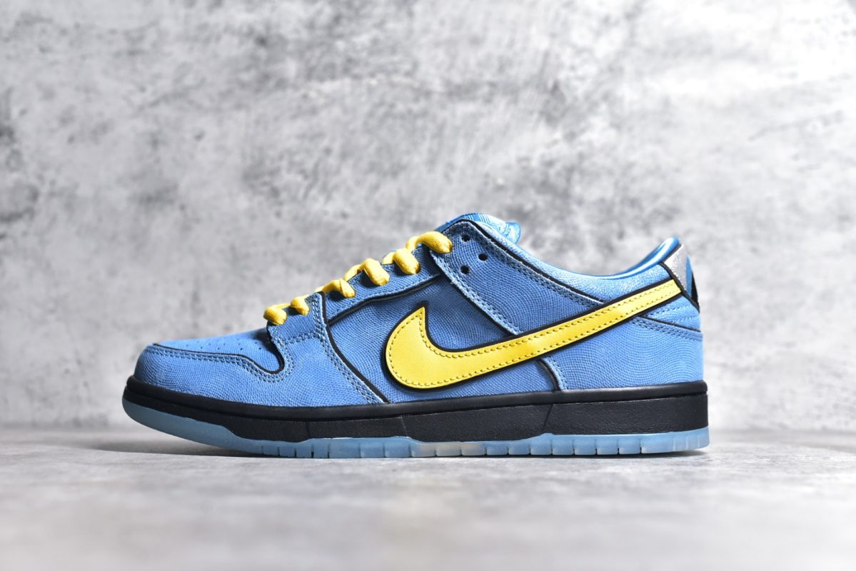 Outside view of Bubbles SB Dunks reps showing blue suede
