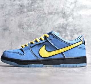 Outside view of Bubbles SB Dunks reps showing blue suede
