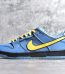Outside view of Bubbles SB Dunks reps showing blue suede