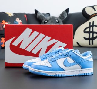 UNC Dunks Reps with powder blue and white colorway placed in front of box