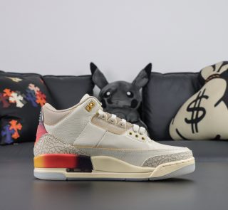 Side view of J Balvin Jordan 3 reps with cream suede and color fade