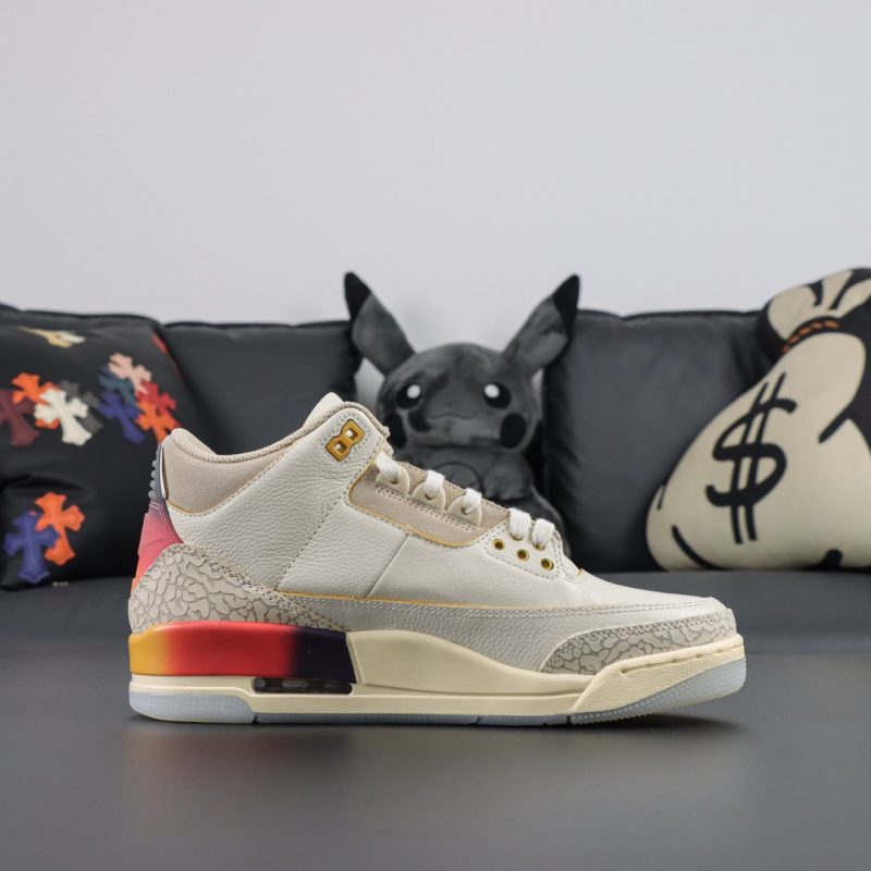 Side view of J Balvin Jordan 3 reps with cream suede and color fade