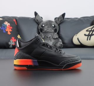 Side view of J Balvin Jordan 3 Rio reps in black leather and orange tab