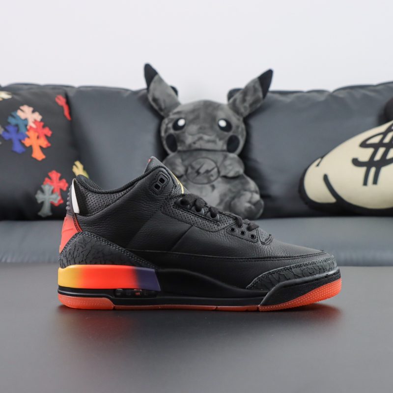 Side view of J Balvin Jordan 3 Rio reps in black leather and orange tab