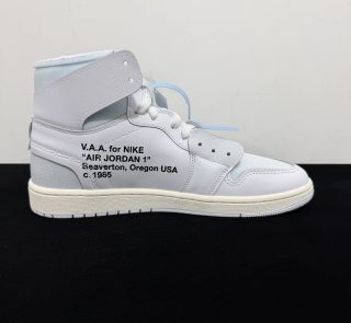 Medial side view of Jordan 1 High Alaska Reps with Off-White text