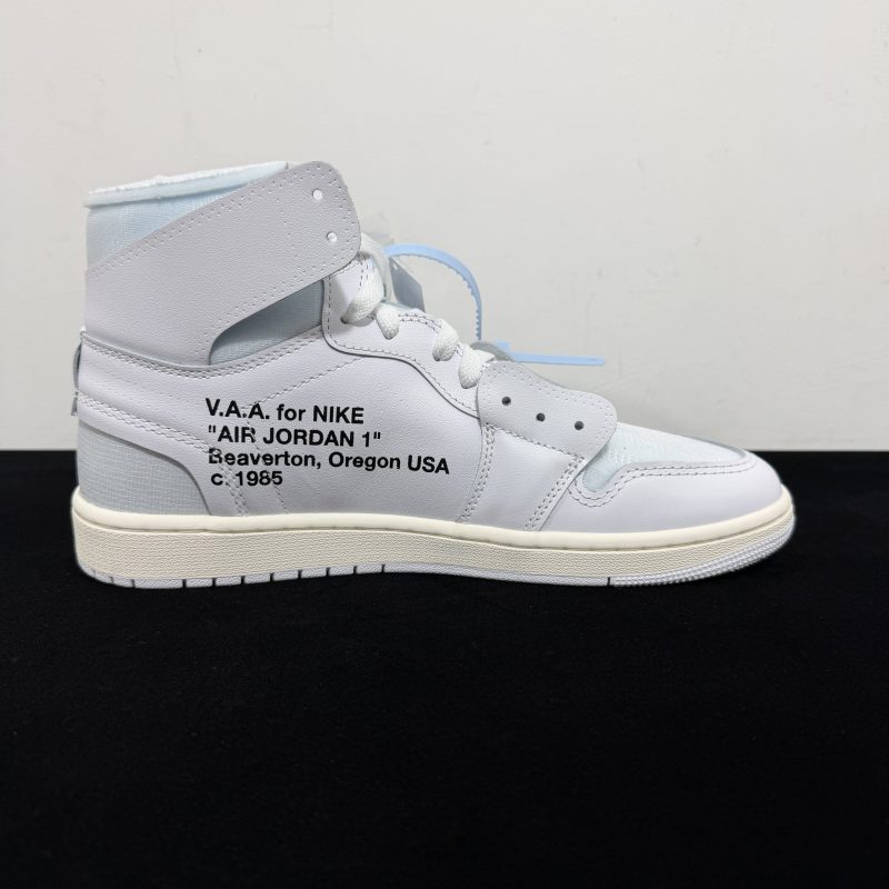 Medial side view of Jordan 1 High Alaska Reps with Off-White text