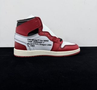 Inside view of Jordan 1 Off White Chicago Reps with Off White text detail