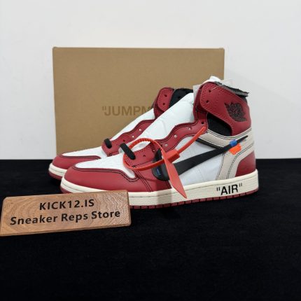 Jordan 1 Off White Chicago Reps with box displayed on table