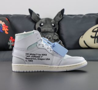 Inside view of Jordan 1 Off White Euro reps with zip tie and orange tag