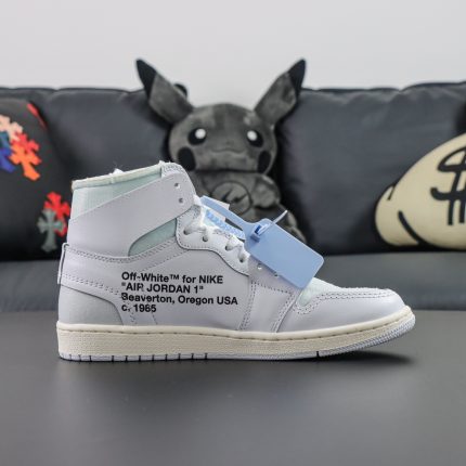 Inside view of Jordan 1 Off White Euro reps with zip tie and orange tag