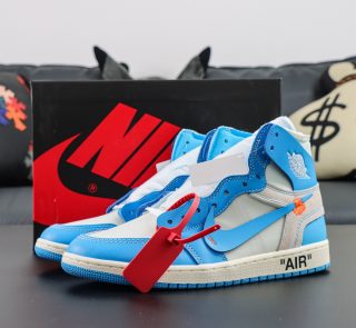 Jordan 1 Off White UNC reps with baby blue overlays and shoebox