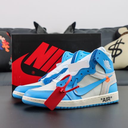 Jordan 1 Off White UNC reps with baby blue overlays and shoebox
