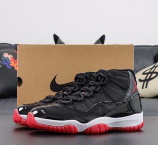 Jordan 11 Bred replica with red outsole and black patent in box combo