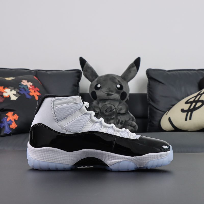 Side view of Jordan 11 Concord reps 2018 edition with mesh and shine
