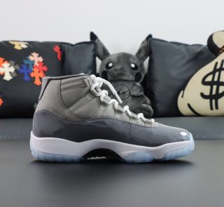 Side view of Jordan 11 Cool Grey reps with grey suede and white midsole