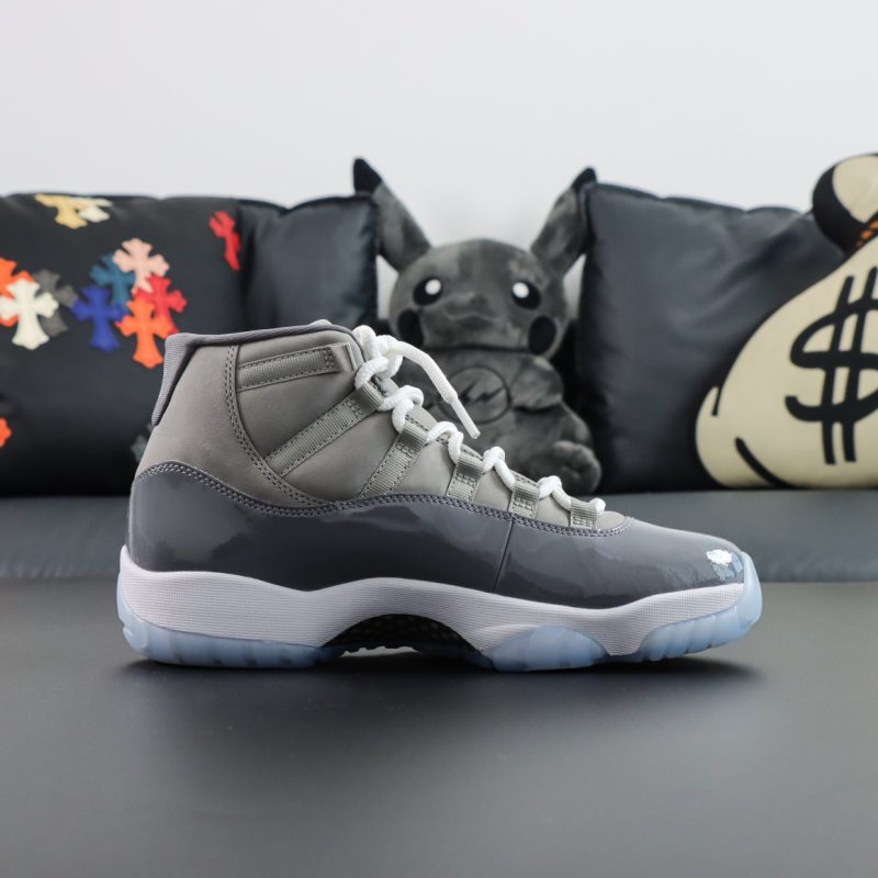 Side view of Jordan 11 Cool Grey reps with grey suede and white midsole