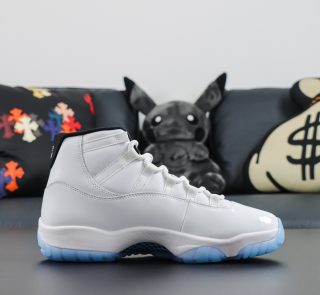 Side view of 2024 Jordan 11 Legend Blue reps with white mesh and blue tab