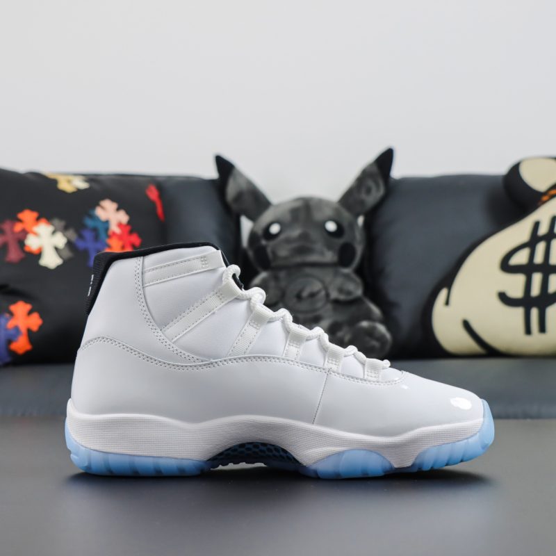 Side view of 2024 Jordan 11 Legend Blue reps with white mesh and blue tab