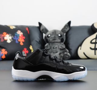 Side view of Jordan 11 Space Jam reps low with mesh and icy sole