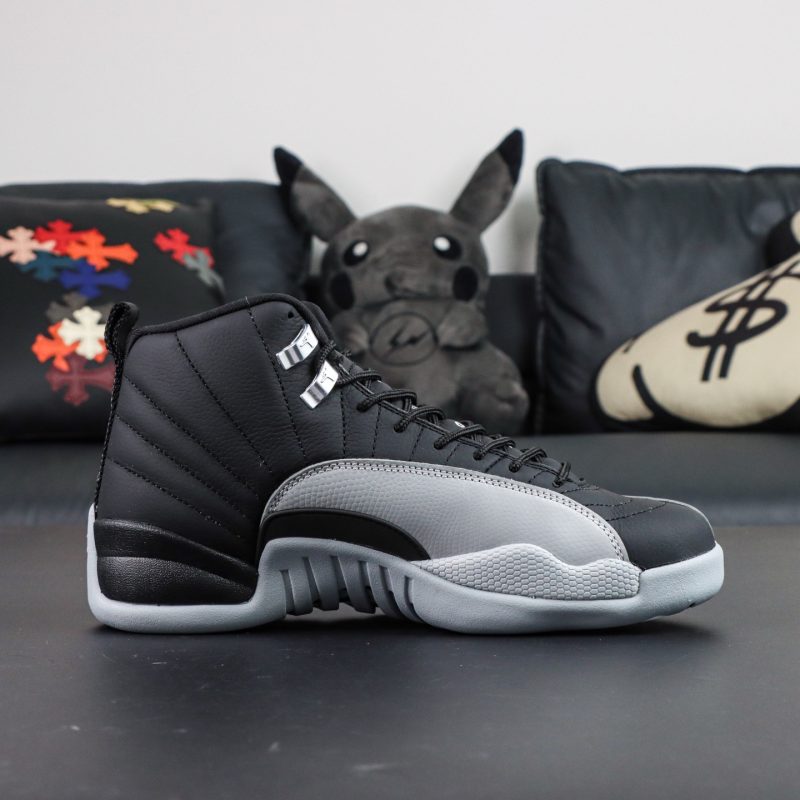 Inner side of Jordan 12 Barons reps with stitched grey leather mudguard