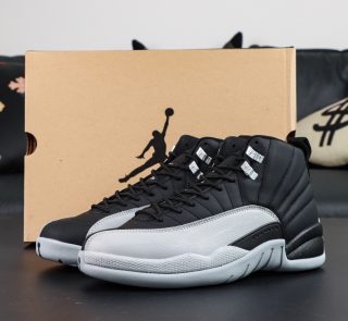 Jordan 12 Barons 2024 reps with retail-style box, black and wolf grey leather upper