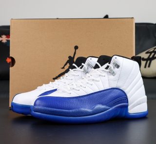 Jordan 12 Blueberry reps with retail-style box and white-blue upper