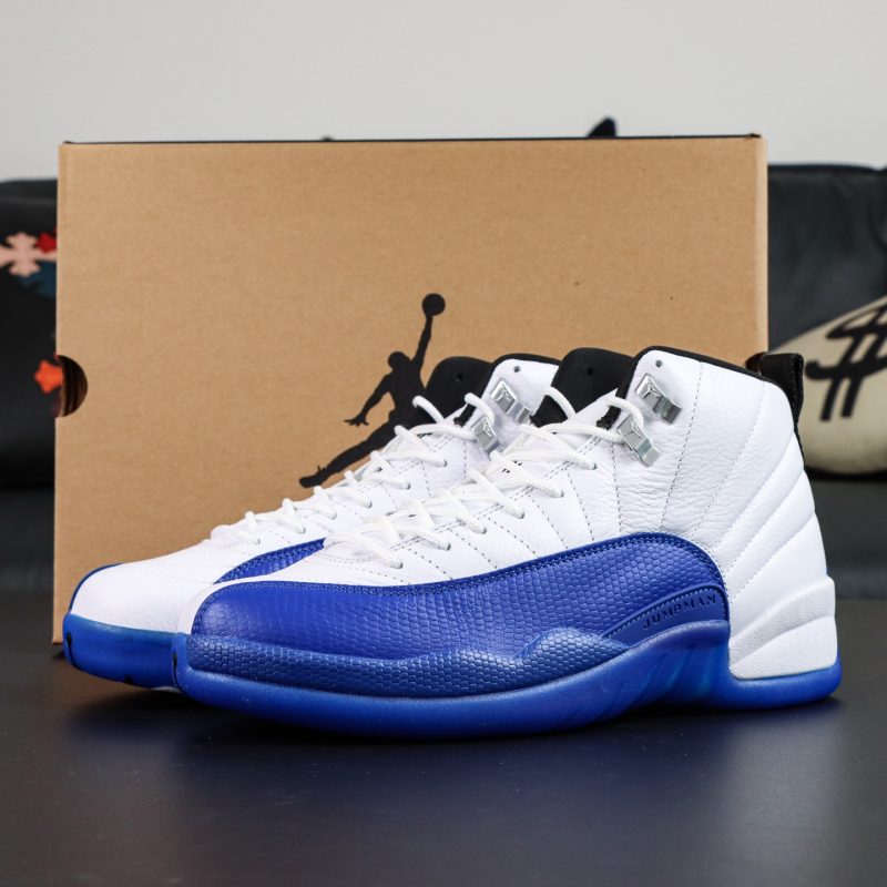 Jordan 12 Blueberry reps with retail-style box and white-blue upper