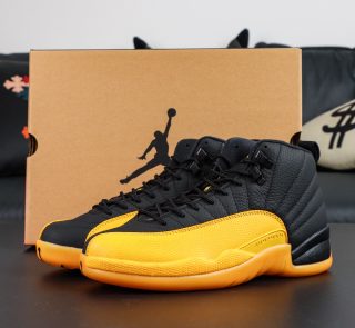 Jordan 12 University Gold reps with retail-style box, black upper and gold mudguard