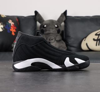 Inside view of Jordan 14 Bred Reps with suede panels