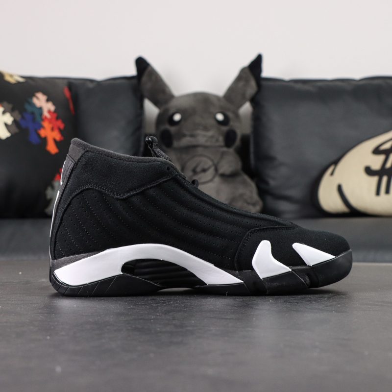 Inside view of Jordan 14 Bred Reps with suede panels