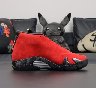 Inner side of Jordan 14 Ferrari Reps showing premium red suede