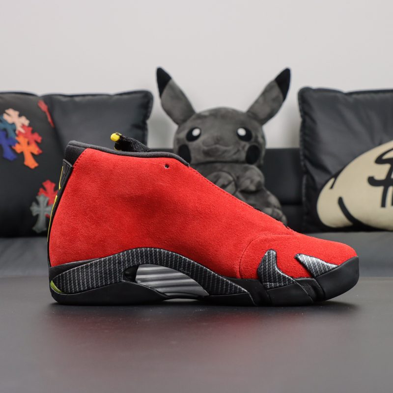 Inner side of Jordan 14 Ferrari Reps showing premium red suede