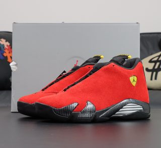 Jordan 14 Ferrari Reps with box and bright Varsity Red suede