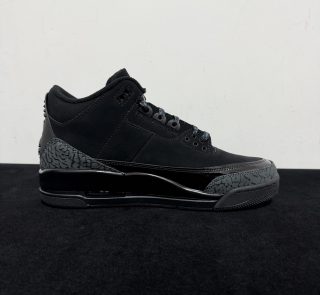 Medial side view of Jordan 3 Black Cat Reps with elephant print panels