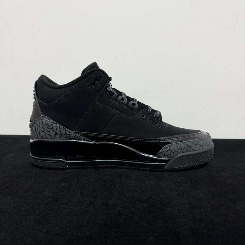 Medial side view of Jordan 3 Black Cat Reps with elephant print panels